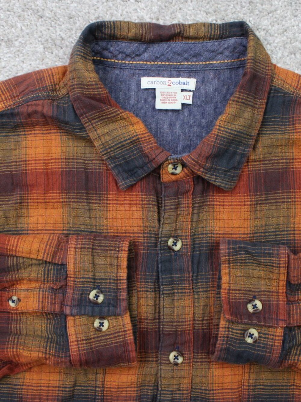 Carbon2Cobalt Shirt Men XLT XL-Tall Orange/Blue Plaid Flannel Cotton Long Sleeve
